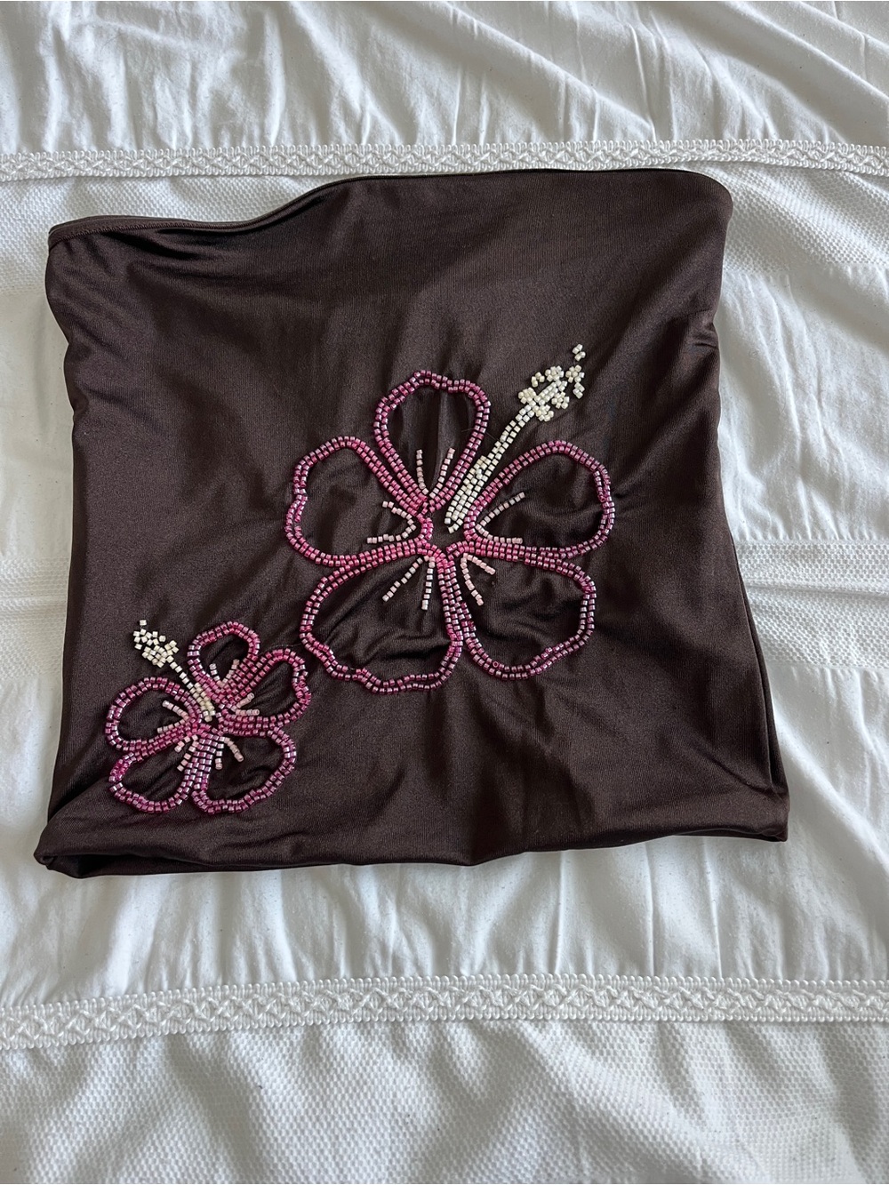 Brown And Pink Beaded Floral Tube Top NWOT